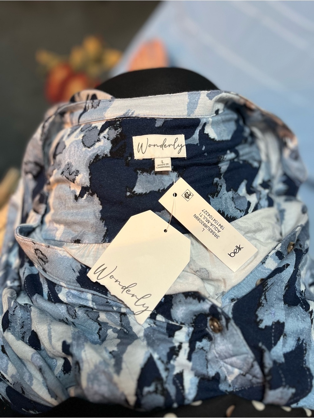 Wonderly Navy and Light Blue Women's Abstract Button-Down Shirt